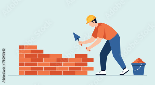 Construction worker building a brick wall wearing hard hat with mortar and bucket in vector style illustration