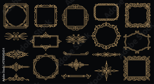 Elegant golden decorative frames and borders for cards, invitations and design projects on black will make your work shine