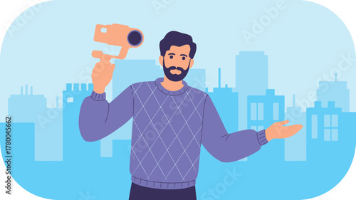 Flat Illustration of Man Holding Camera in Cityscape, Wearing Purple Sweater, Light Blue Background