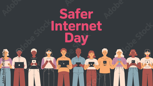 Diverse Group Holds Devices for Safer Internet Day on Dark Background Illustration