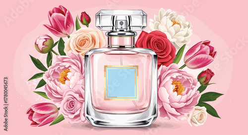 Elegant perfume bottle with beautiful floral arrangement perfect for beauty blogs or feminine product marketing campaigns