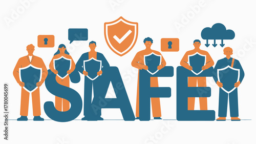 Group Protecting the Word Safe with Shields, Security, Data Protection, and Cloud Icons