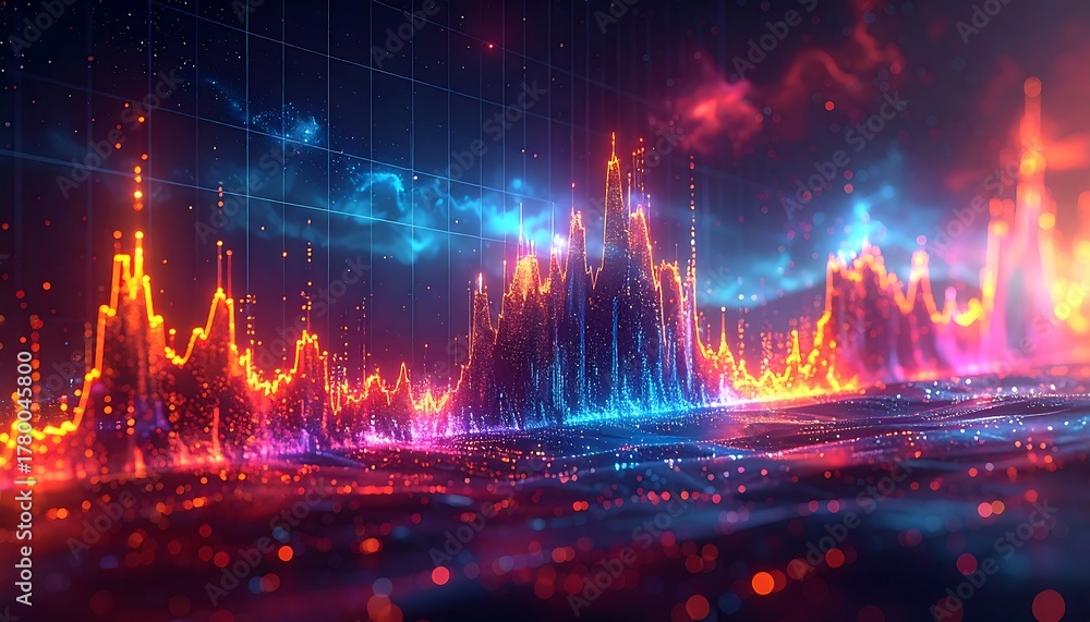 Naklejka premium Vibrant Digital Landscape with Glowing Peaks and Cosmic Sky.