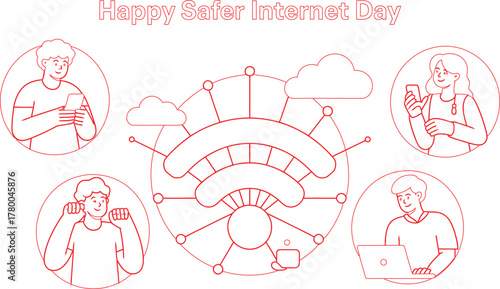 Happy Safer Internet Day Illustration with People Using Devices and Internet Connection Network