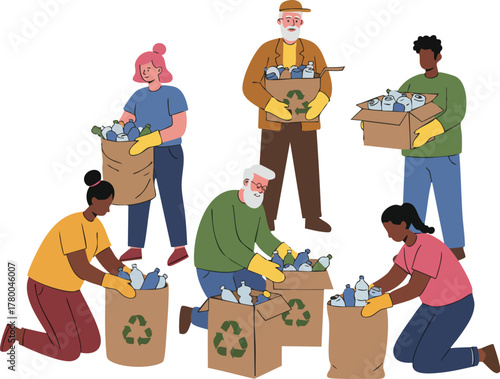 Volunteers collecting and sorting recyclable materials into cardboard boxes with recycling symbols.