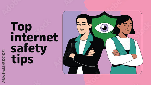 Internet Safety Tips Illustration Man, Woman, and Cybersecurity Shield Against a LavenderPink Background