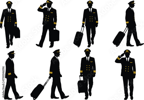Pilot silhouette, airline uniform, suitcase pulling, walking pose, saluting gesture, travel scene, aviation crew, black figure, airport staff, flight professional