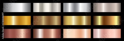 Collection of gold silver bronze and rose gold gradient texture background vector