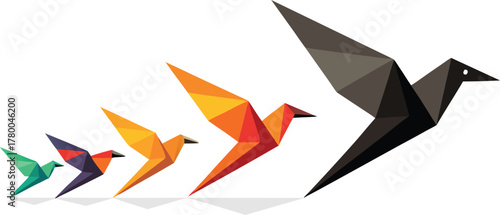 Origami Birds Flying in Formation with Gradient Colors