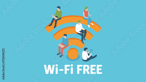 Isometric Illustration of People Using Laptops and Tablets on a Large Free WiFi Symbol