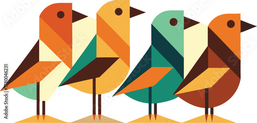 Four Colorful Geometric Birds on White Background abstract