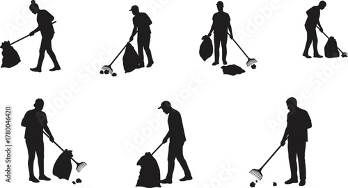 Silhouette worker sweeping floor, janitor cleaning trash, sanitation labor with broom and dustpan, housekeeping staff collecting garbage, hygiene maintenance, 