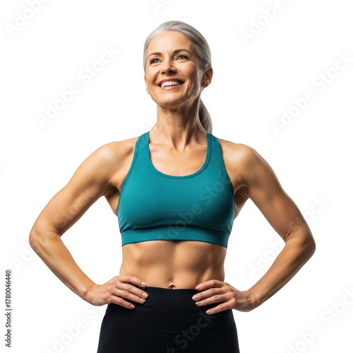 Fit mature woman with toned abs in sports bra isolated on transparent background