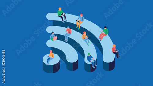 People with Laptops Sitting on WiFi Symbol Illustration on Blue Background Representing Connectivity