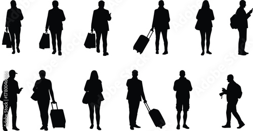 Silhouettes of diverse people carrying bags, luggage, and backpacks, commuter travelers walking, standing, posing, isolated figures for design, business, transport, urban lifestyle concepts
