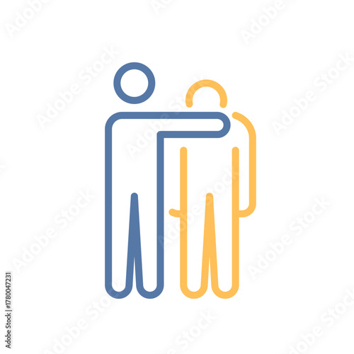 Person comforting a friend with arm on shoulder icon. Empathy, support, friendship, emotional bonding. Vector thin line illustration. Editable stroke.