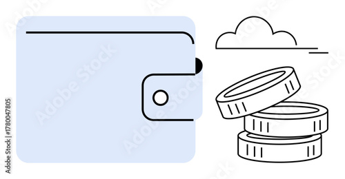 Blue wallet with button flap alongside stacked coins and a cloud. Ideal for finance, banking, savings, budgeting, investment, minimalism, economic growth. Simple flat metaphor