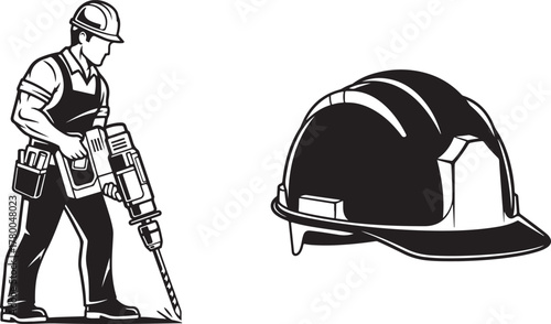 Monochromatic Vector Illustration of a Worker Operating a Jackhammer and Hard Hat