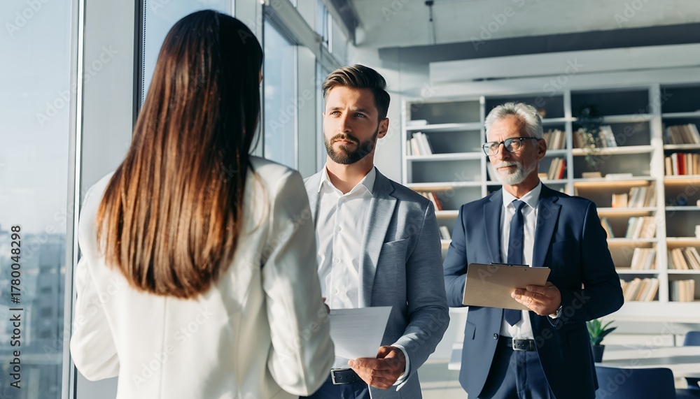 Fototapeta premium Three business people discussing project in modern office, two executive managers with supervisor evaluating project concept for teamwork strategy, leadership growth and human resources management