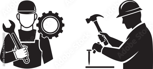 Monochrome Vector Icons Depicting Construction and Mechanic Professions