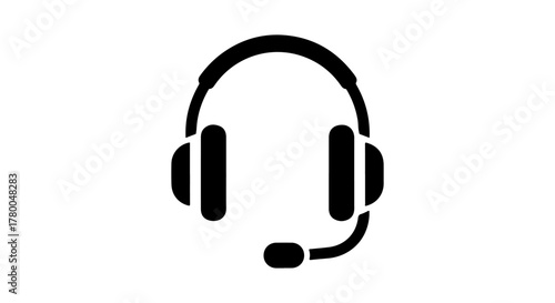 Simple black icon of headphones with a microphone on a white background