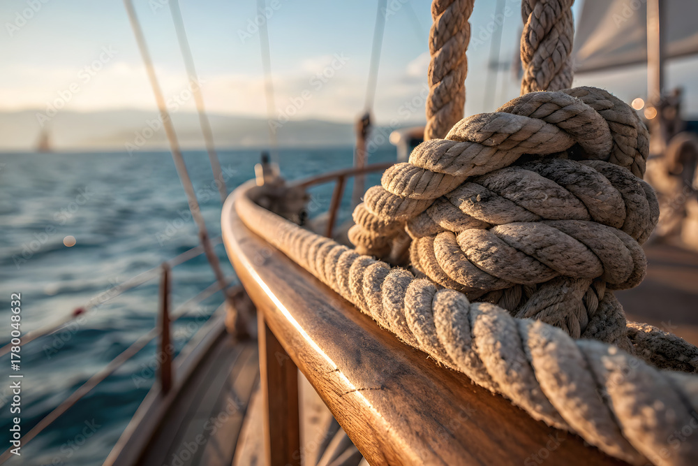 Fototapeta premium Nautical ropes close-up on sailboat deck