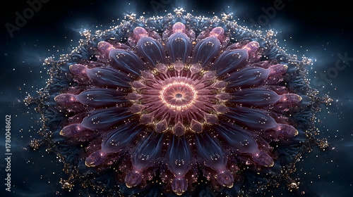 Fractal Mandala Digital Art, Cosmic Flower Mandala Illustration, Abstract Psychedelic Fractal Pattern
