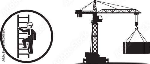 Black and White Vector Construction Icons with Worker and Tower Crane