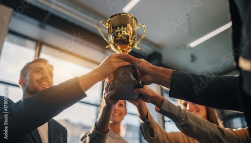 Diverse team holding a golden trophy cup overhead, celebrating victory, concept for project completion, business partnership and corporate achievement