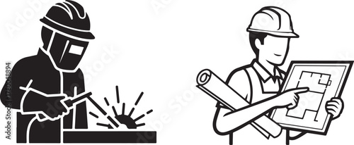 Monochrome Worker Illustrations: Welder and Architect with Construction Plans