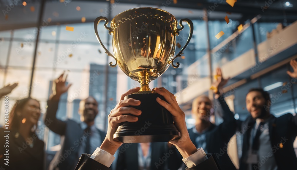 Obraz premium Executive hands lifting golden trophy among cheering colleagues with confetti rain, concept for corporate achievements, business leadership and organizational success