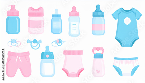 Soft Pink & Blue Flat Icons of Baby Care Essentials