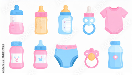 Soft Pink & Blue Flat Icons of Baby Care Essentials