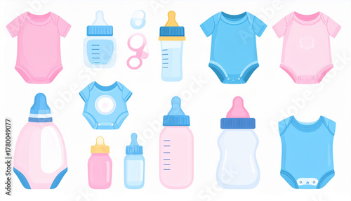 Soft Pink & Blue Flat Icons of Baby Care Essentials