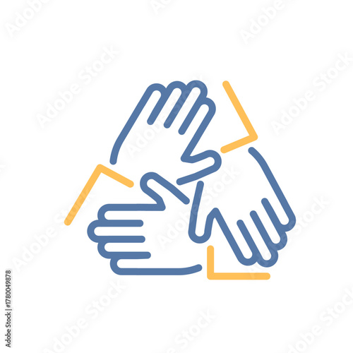 Hands together in triangle icon.  Vector thin line illustration. Editable stroke