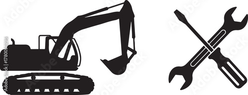 Construction Vehicle and Mechanic Tools Silhouettes on White Background