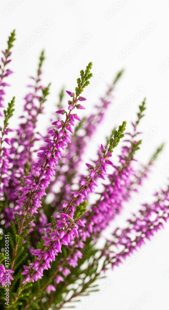 Obraz premium Vibrant purple heather flowers in bloom against white background