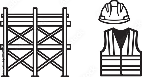 Monochromatic Outline Illustrations of Construction Site Safety and Structure