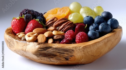 Fresh Fruit and Nut Arrangement in Wooden Bowl for Healthy Snacking