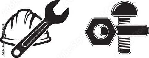 Black and White Industrial Tools and Mechanical Fasteners Vector Icons