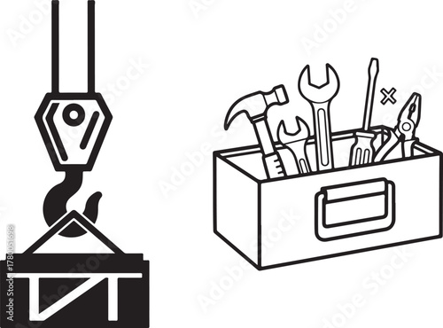 Outline Vector Icons: Industrial Crane Hook and Hand Tools Toolbox