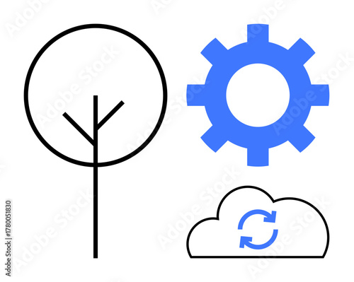 Minimal tree, blue gear, cloud with sync arrows. Ideal for sustainability, technology, environment, automation, software engineering cloud computing eco-friendly innovation. Simple flat metaphor