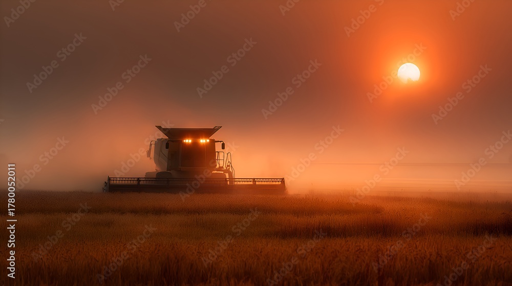 Fototapeta premium A combine harvester works in golden wheat field du a hazy sunset creating a dramatic and warm scene.