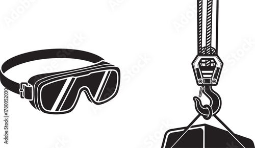 Monochrome Vector Design Featuring Safety Goggles and Industrial Crane Hook