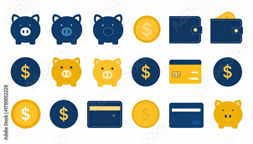 Navy & Gold Flat Icons Representing Financial Concepts