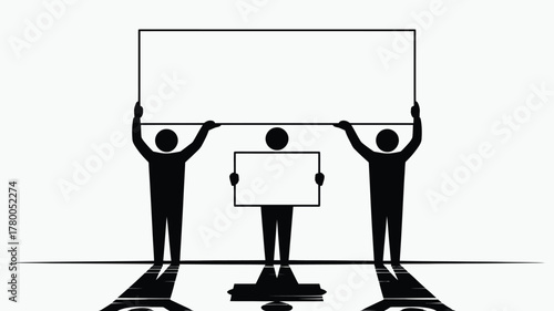 Three Black Figures Holding Blank Signs in Protest or Demonstration Against a White Background