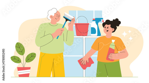 Two People Cleaning Woman Wiping Window, Senior Man with Brush, Illustration