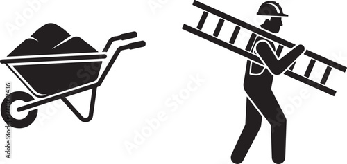 Black Silhouette Icons of Construction Worker and Wheelbarrow on White