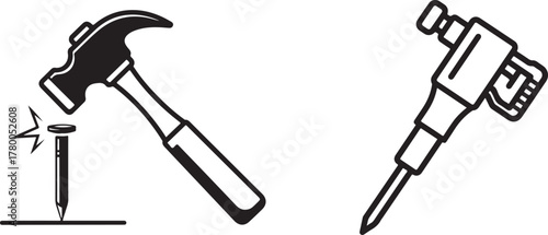 Black and White Outline Icons of Hammer, Nail, and Jackhammer Tools