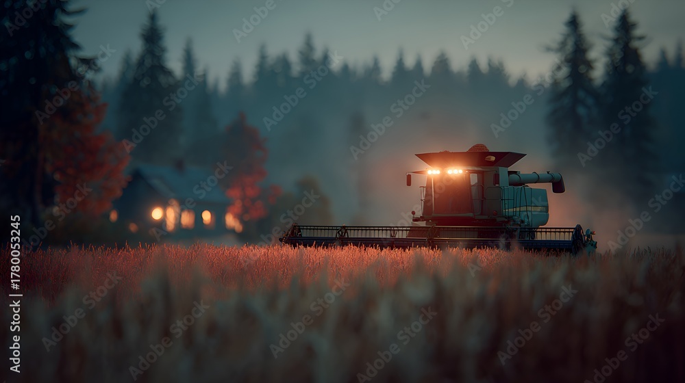 Obraz premium A combine harvester working in a wheat field du the early morning with a farmhouse in the background.